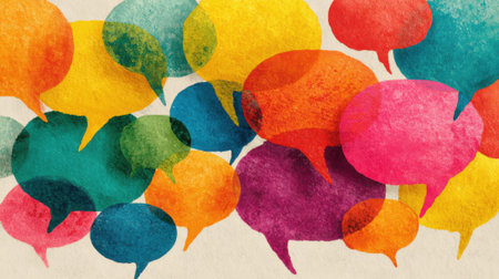Vibrant and colorful speech bubbles fill the background, showing various shapes and sizes. This artistic design symbolizes communication and interaction among people.の素材