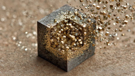 Close-up view of a cubic structure surrounded by a cloud of golden crystals dispersing into the air. The detailed texture highlights the contrast between materials and colors.の素材