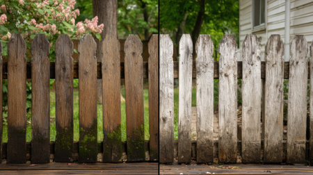 A wooden fence is shown in two halves, highlighting the contrast between a well-maintained side and another side covered in dirt and moss. This visual emphasizes the cleaning process.の素材