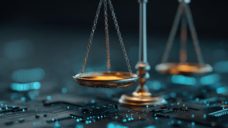 A set of scales stands on a circuit board background illuminated by blue lights, symbolizing the intersection of technology and justice. The image reflects modern legal themes in a digital age.の素材