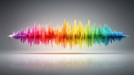 A striking visual depicting an audio waveform in a spectrum of colors. The design features peaks and valleys that illustrate sound frequencies, creating an artistic representation of sound.の素材