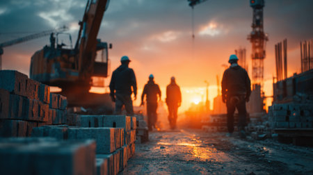 Workers wearing helmets walk along a gravel path at a construction site, silhouetted against a vibrant sunset with cranes in the background. The setting is industrial and dynamic.の素材
