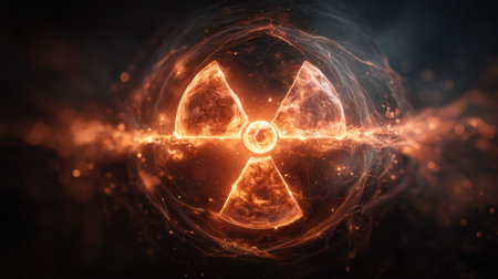 A bright radioactive symbol glows intensely with flames and swirling energy around it, set against a dark and dramatic background that enhances the symbol's striking appearance.の素材