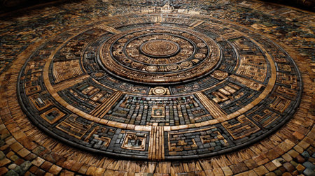 A detailed circular stone carving featuring intricate designs is showcased at an archaeological site in Mexico, highlighting ancient artistry and cultural significance.の素材