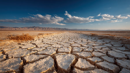 Cracked and dry terrain spans across the barren landscape, highlighting the effects of drought. A clear blue sky and distant mountains create a stunning backdrop in the late afternoon light.の素材