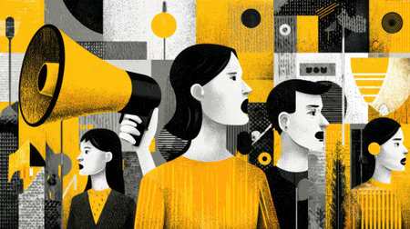 People in a vibrant urban environment vocalize their thoughts and messages, with one individual using a megaphone. This dynamic composition includes striking yellow and black graphics.の素材