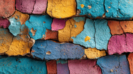 A textured wall displays an array of vibrant colors with cracked surfaces. The intricate patterns create an eye-catching urban aesthetic that draws attention in daylight.の素材