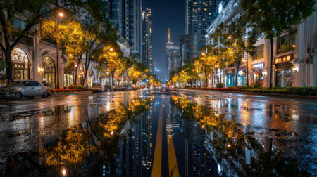 In a lively urban location, streetlights cast golden hues on wet pavement, reflecting the surrounding buildings. Rain-soaked streets enhance the evening charm of the city.の素材