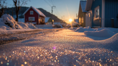 Bright sunlight filters through a snow-covered landscape, illuminating a quiet street lined with charming houses. The sparkle of the snow enhances the serene morning ambiance.の素材