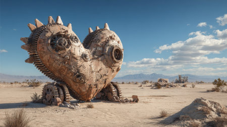 A heart-shaped sculpture crafted from metal and gears rests in a vast desert landscape. The clear blue sky enhances the artistic details of the structure, surrounded by sparse vegetation.の素材