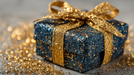 A beautifully wrapped gift box in blue glitter features a shimmering gold ribbon. Surrounding it is a scattering of golden sparkles adding a festive touch to the scene.の素材