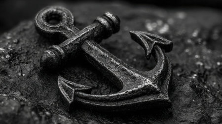 A rusty anchor is placed on a dark stone surface by the shore during low tide. The sky is overcast, creating a moody atmosphere that enhances the anchor's weathered appearance.の素材