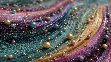Swirling patterns of vivid colors create a vibrant background, adorned with sparkling spheres in various sizes and shades. This artwork captures a sense of depth and movement.の素材