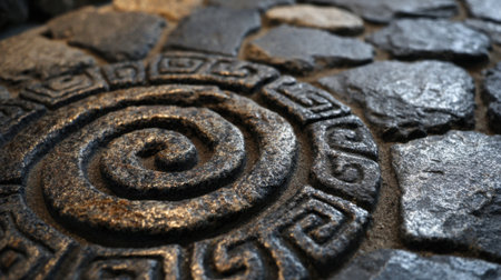 A close-up view reveals a detailed spiral stone pattern embedded within a cobblestone path at a historic archaeological site during sunset, highlighting its craftsmanship and age.の素材