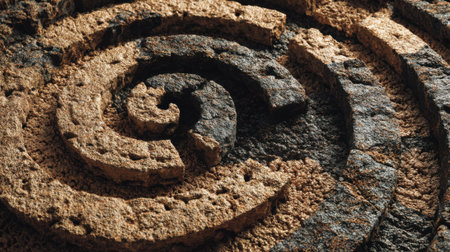 Detailed spiral designs are etched into a stone surface, showcasing craftsmanship. The textures and colors highlight the unique beauty of this ancient art, inviting contemplation of its origins.の素材