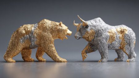 Gold bear and silver bull figures stand engaged in a dramatic confrontation, symbolizing market trends and economic forces in a stylized artistic setting. Illuminated from the side, they create depth.の素材