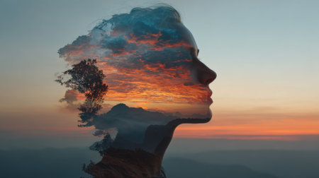 A silhouette of a woman's profile harmoniously blends with a stunning sunset and mountains, creating a captivating view that symbolizes tranquility at dusk.の素材