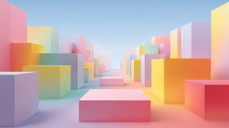 A vibrant abstract landscape features colorful geometric shapes arranged in a city-like format under a clear blue sky. The pastel hues create a cheerful atmosphere.の素材