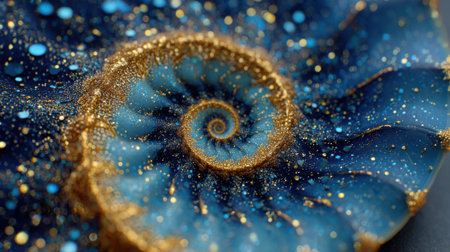 A detailed spiral shell exhibits stunning shades of blue and gold, highlighting an elegant design. The shiny surface reflects light beautifully, enhancing its artistic allure.の素材