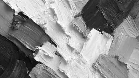 An abstract artwork displays a rich interplay of black, white, and gray paint. The canvas features dynamic brush strokes, creating depth and texture while inviting interpretation.の素材