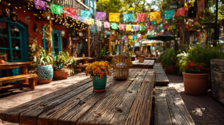 A lively outdoor dining space features rustic wooden tables and bright flowers. Colorful papel picado decorations hang above, creating a joyful and inviting atmosphere in the afternoon.の素材
