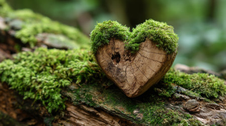 A heart-shaped piece of wood, aged and cracked, is adorned with vibrant green moss, lying on a mossy log. Sunlight filters through the trees, enhancing the serene forest atmosphere.の素材
