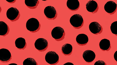 A lively design features bold black polka dots scattered across a vibrant coral background. This playful pattern is ideal for use in textiles, wallpaper, or digital media.の素材