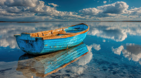 A weathered blue boat floats alone on still waters, mirroring fluffy clouds above at a serene lakeside. The atmosphere conveys peace and solitude during the day.の素材