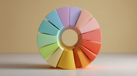 A circular arrangement of pastel color swatches is on display, showcasing a gradient from light green to soft pink and purple. The palette is set against a light backdrop for emphasis.の素材