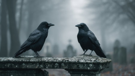 Two black crows are seen perched on a moss-covered tombstone in a misty cemetery. The atmosphere is eerie, with dense fog and silhouettes of gravestones faintly visible in the background.の素材