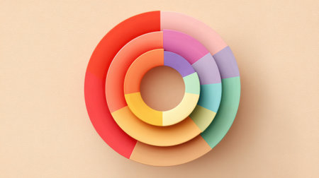 Colorful concentric circles create a striking abstract design, showing various shades of red, orange, yellow, green, blue, and purple. The artwork adds a contemporary touch to any space.の素材