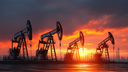 Three oil rigs are in the water with the sun setting in the background. The scene is serene and peaceful, with the oil rigs standing tall and proud in the waterの素材