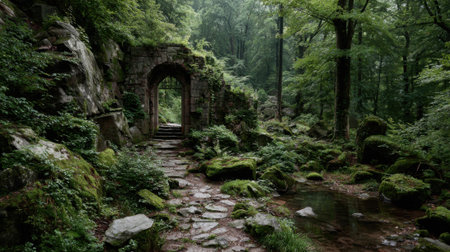A forest path with moss and rocks. The path is surrounded by trees and has a stone archwayの素材