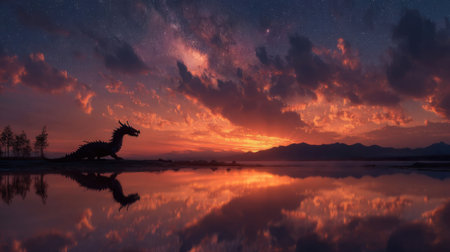 A dragon is standing in front of a beautiful sunset. The dragon is a large, metallic creature with a long tail and sharp claws. The sky is filled with stars, and the water is calm and stillの素材