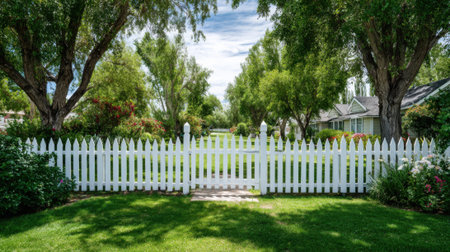 A white picket fence with a gate in the middle of a grassy yard. The gate is open and the yard is full of trees and bushesの素材