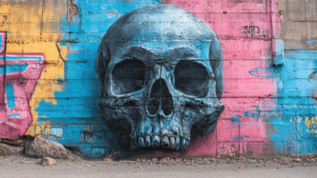 A skull is painted on a wall with a blue background. The skull is surrounded by graffiti and has a blue and pink backgroundの素材