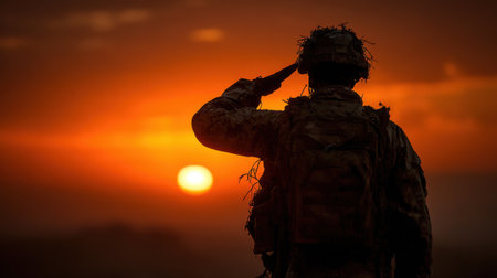 A soldier salutes the sun as it sets. Concept of respect and honor for the soldier's duty and the beauty of natureの素材