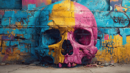 A colorful skull is painted on a wall with graffiti. The skull is made up of three different colors, with the top half being blue, the middle half being yellow, and the bottom half being pinkの素材