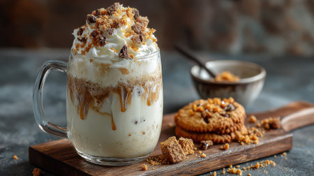 A glass of ice cream with a chocolate chip cookie on a wooden table. The cookie is covered in chocolate chips and the ice cream is topped with whipped cream. The scene is inviting and deliciousの素材