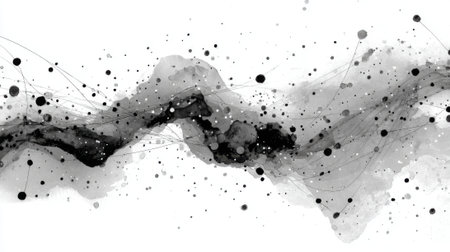 A black and white painting of a line with many dots. The dots are scattered all over the painting, creating a sense of chaos and disorder. The painting evokes a feeling of confusion and disarrayの素材