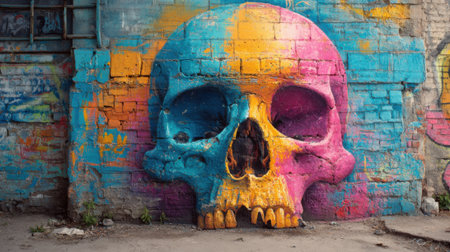 A colorful skull is painted on a wall. The colors are blue, pink, and yellow. The skull is surrounded by graffiti, giving the image a rebellious and edgy vibeの素材