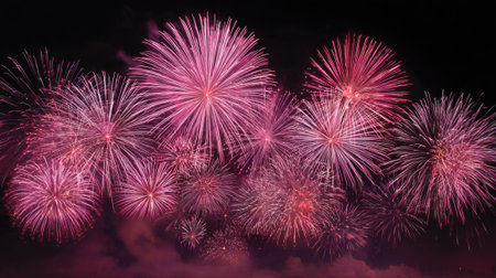A fireworks display with many pink fireworks in the sky. The fireworks are lit up and are in the airの素材