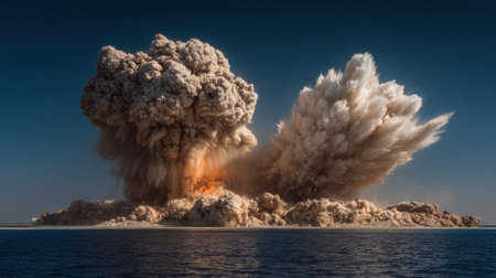 A large explosion is seen in the sky above the ocean. The sky is blue and the ocean is calmの素材