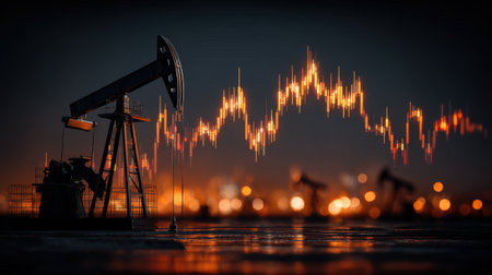 An oil pump jack stands prominently against a darkening sky, with a vibrant stock market trend graph overlay highlighting price fluctuations. The industrial site glows with city lights.の素材
