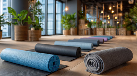 A serene yoga studio features neatly rolled mats in various colors. Large windows allow natural light to flood the space while lush plants add to the calming atmosphere.の素材