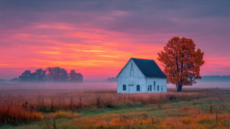 A stunning sunrise paints the sky in hues of pink and orange above a rustic white barn. A vibrant autumn tree stands nearby, completing a tranquil rural scene in the morning mist.の素材
