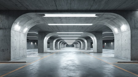 A spacious urban parking garage showcases a sleek design with concrete arches and bright overhead lights, creating an inviting atmosphere for vehicles.の素材