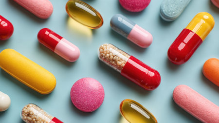 Brightly colored dietary supplements and capsules are displayed on a light blue surface, showing different shapes and sizes, emphasizing health and wellness.の素材