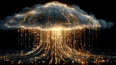 A mesmerizing digital art creation depicts a vibrant cloud emitting radiant golden light with sparkling particles cascading downwards. This unique display captivates with its enchanting glow.の素材
