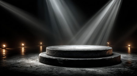 Bright beams of light illuminate a circular platform in a dark performance area, creating an atmosphere of anticipation and excitement for an upcoming show or event.の素材